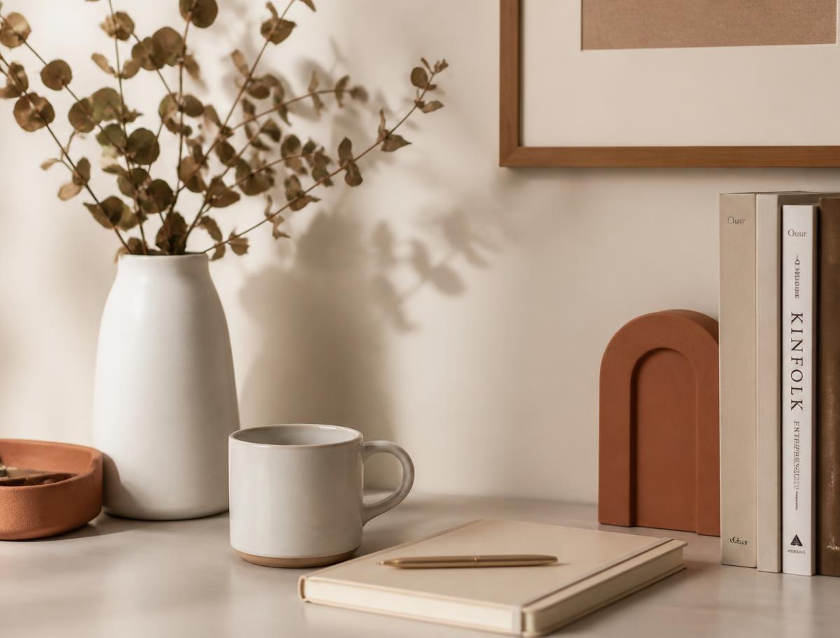 A calm, organised office corner with a mug, notebook and dried foliage
